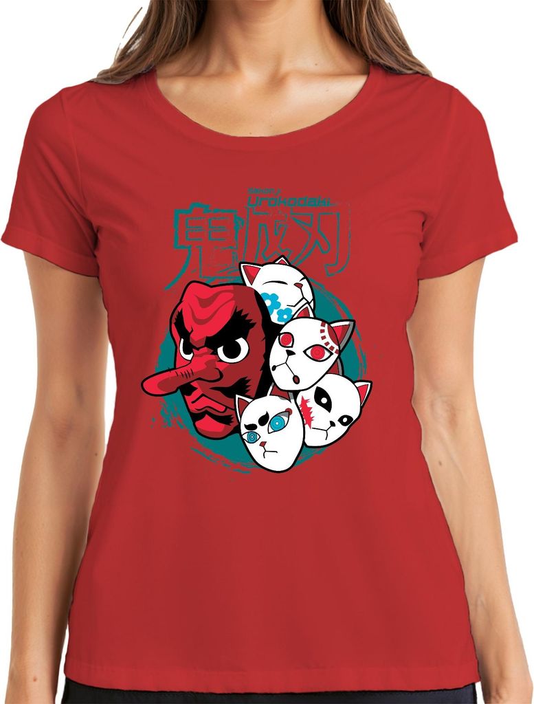 Tengu Maske Urokodaki Kitsune Masken Japan Anime Halloween Damen T-Shirt, Rot, M