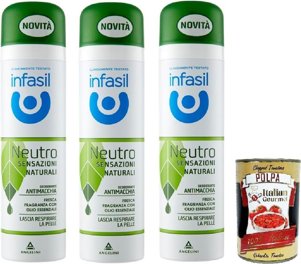 Infasil Deodorant deo Spray Neutro Sensazioni Naturali Fragranza con Olio Essenziale, Fleckenabweisend, ohne Aluminiumsalze, 3x 150ml + Italian Gou...