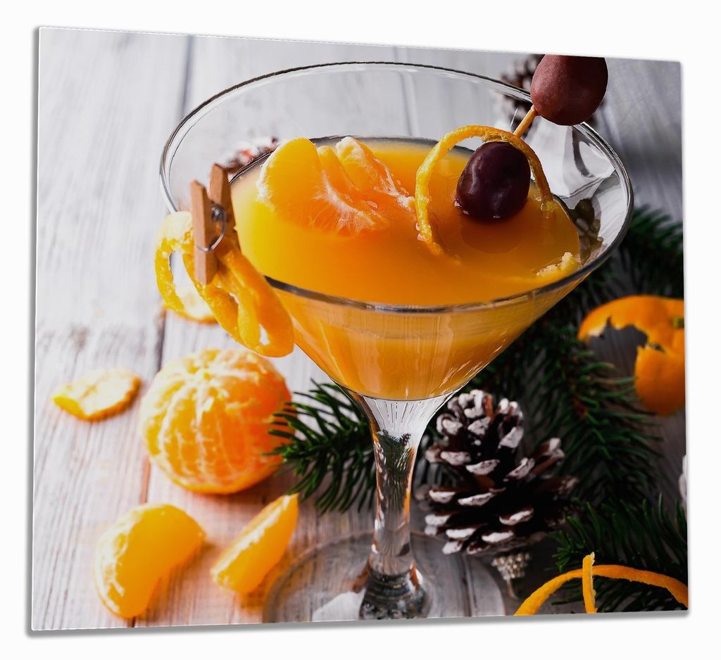 Wallario Herdabdeckplatte aus Glas, Größe 60 x 52 cm 1-teilig, Motiv Winterlicher Cocktail in orange