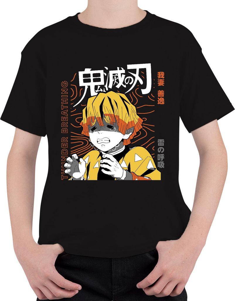 Zenitsu Demon Slayer Anime Manga weinend Blitz Geschenk Japan Y2K Streetwear Uni Kinder T-Shirt, Schwarz, 116