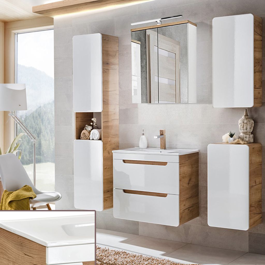 Badezimmer Möbel Set Hochglanz weiß inkl. 61 cm Keramikwaschtisch LUTON-56, B/H/ T ca. 161/200/46 cm