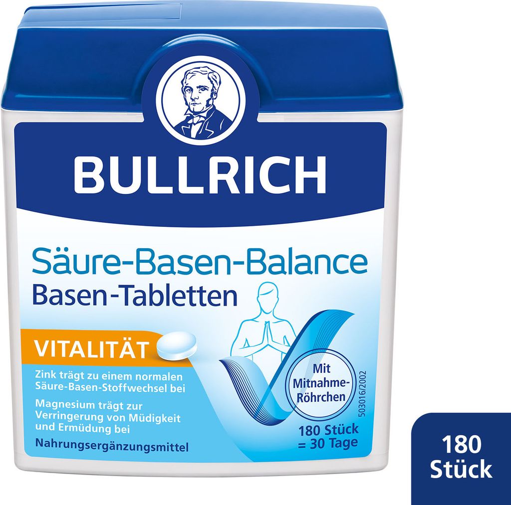 A product shot of Bullrich Säure-Basen-Balance tablets packaging.