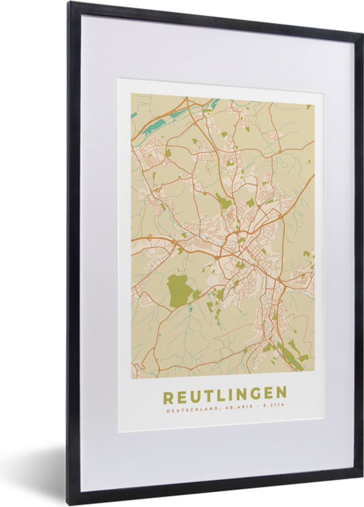 MuchoWow Gerahmtes Poster Jahrgang - Reutlingen - Karte - Stadtplan 40x60 cm - Poster mit Schwarzem Bilderrahmen Wandposter Rahmen Foto Bilder - ...