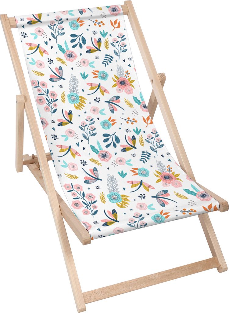 Dreamroots Liegestuhl klappbar Holz bis zu 130 kg, Sonnenliege klappbar mit 3-stufiger Neigungsregulierung der Rückenlehne, Living in the Flowers