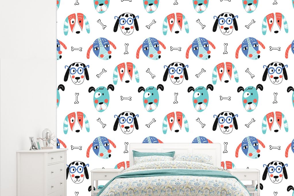 MuchoWow Fototapete für Wohnzimmer oder Schlafzimmer Wandtapete Vinyl Motivtapete Jungen - Muster - Hund - 315x260 cm - Gemustert