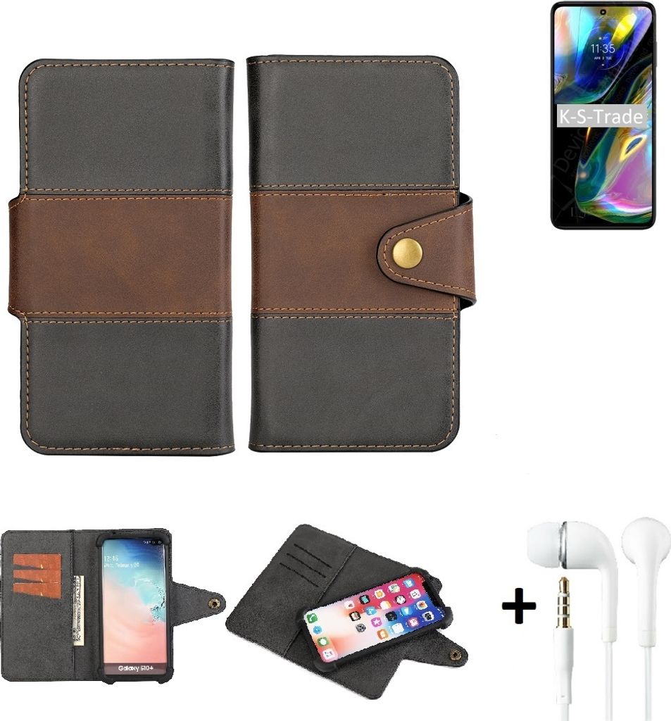 K-S-Trade Handyhülle Schutzhülle Bookstyle Wallet-Case kompatibel mit Motorola Moto G71s + earphones Bumper rundumschutz schwarz-braun 1x