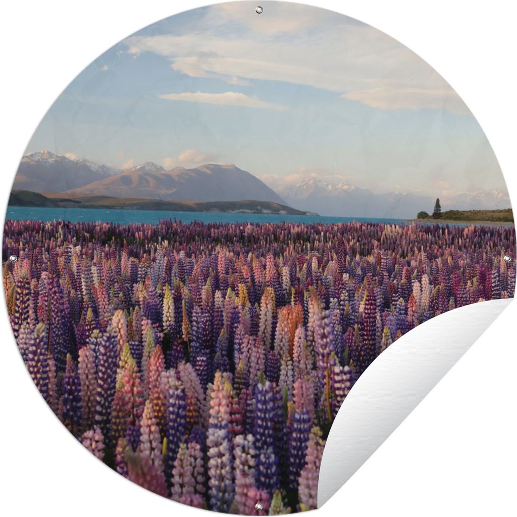 MuchoWow Gartenposter Outdoor-Poster Rund Berge - Blumen - Neuseeland Ø 90 cm Gartendeko Rundes Poster draußen