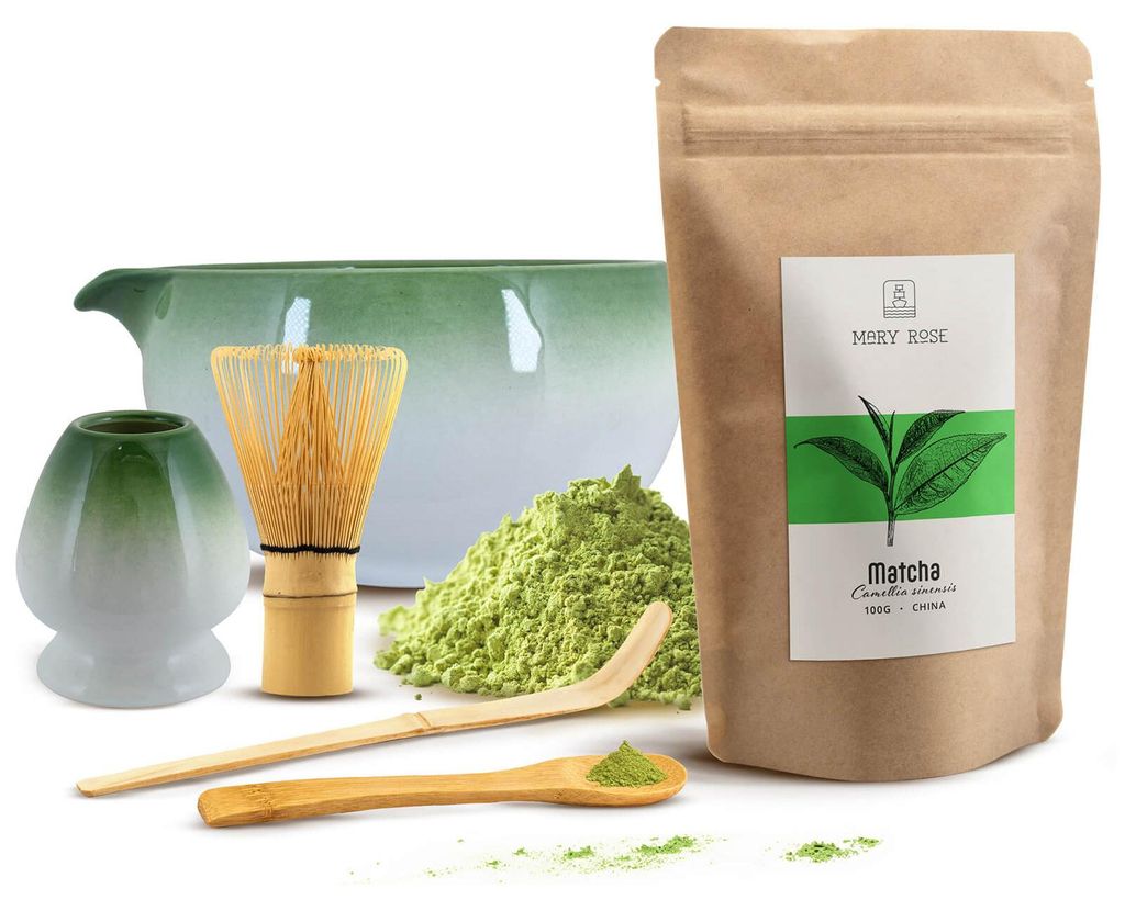 Mary Rose - Matcha Tee Set Pulver 100g - Grüne Keramik Schale Hayashi 420ml Mit Ausguss - Kusenaoshi Halter - Bambus Chasen Besen Zubehör