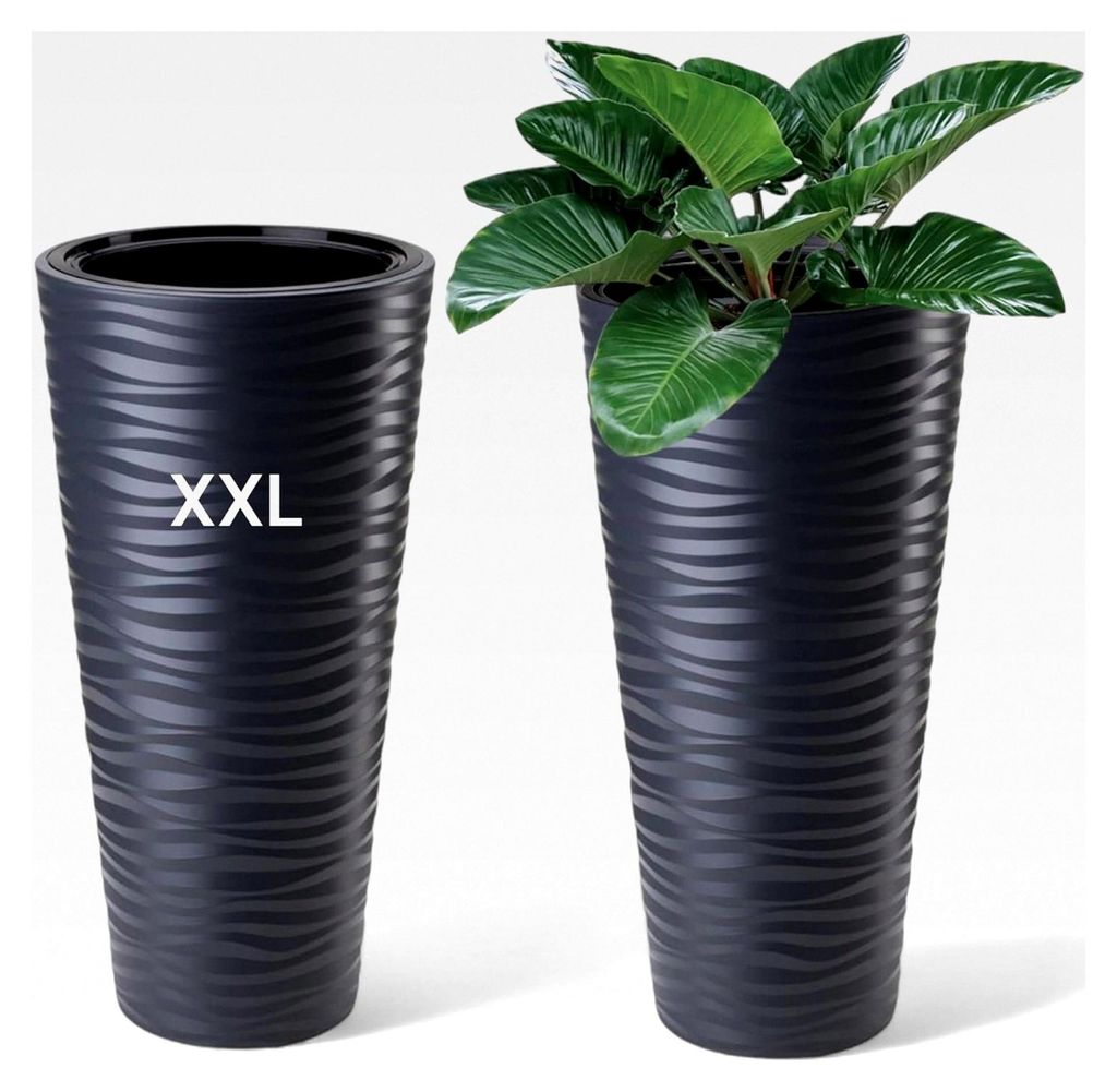 XXL Pflanzkübel Slim Rund 3D Effekt - Wellen - Farbe: Anthrazit mit herausnehmbarem Einsatz, DxH: 35 x 68,5 cm