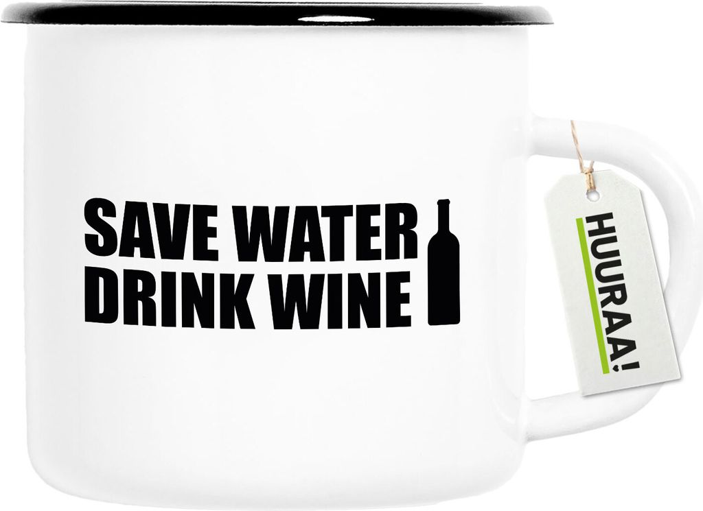 Huuraa Emaille Tasse Save Water Drink Wine Weinflasche 300ml Vintage Campingbecher Geschenkidee