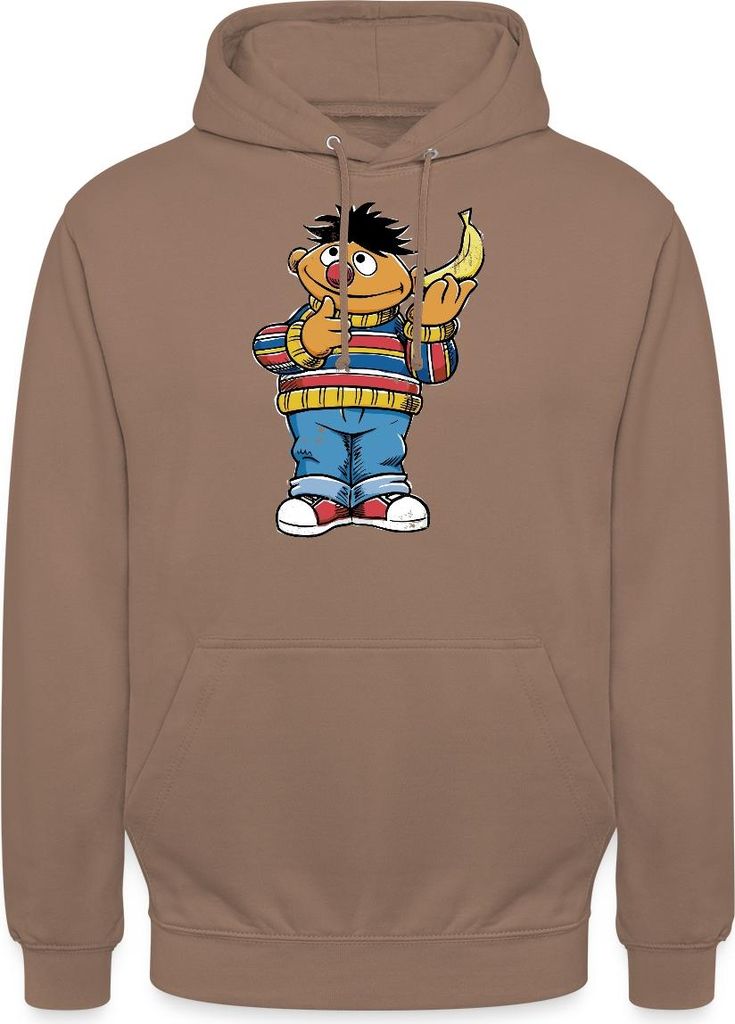 Spreadshirt Sesamstraße Ernie Mit Banane Pose Lustig Used Look Uni Hoodie, S, Mokka