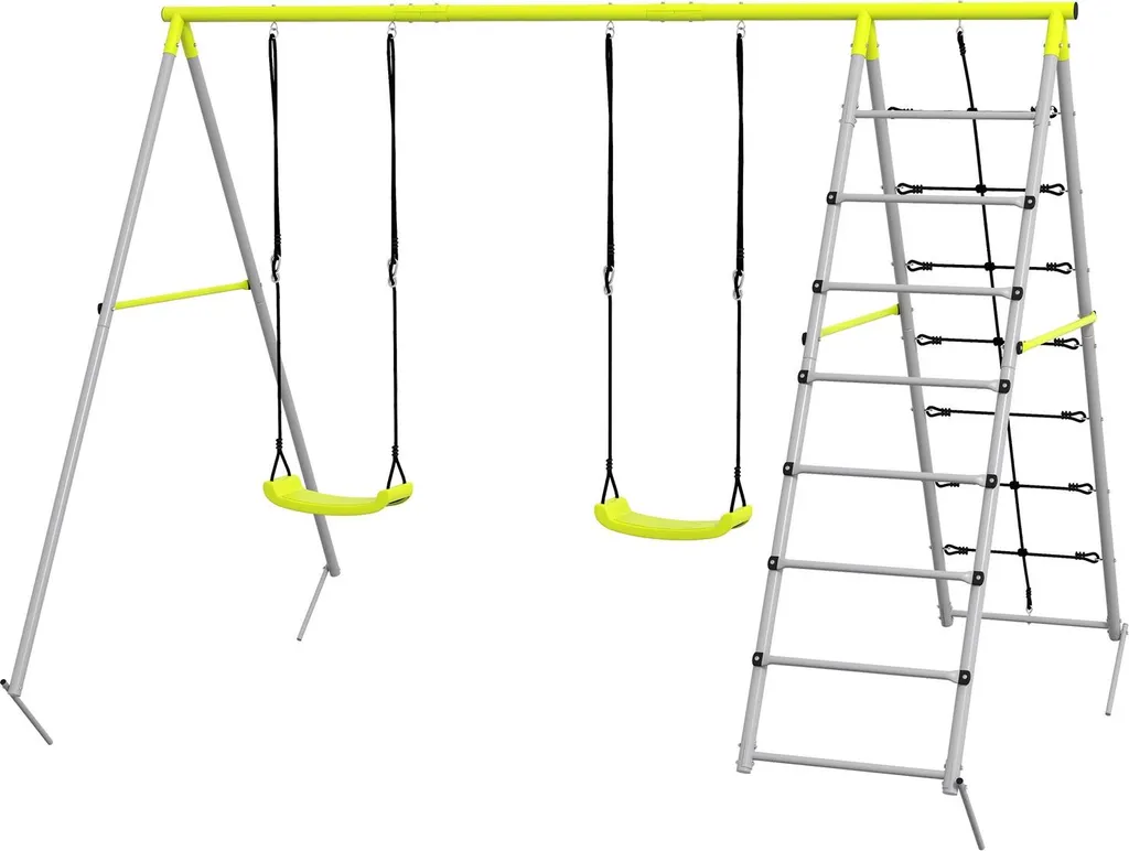 Balançoire enfant avec filet d'escalade et structure acier robuste 3-8 ans