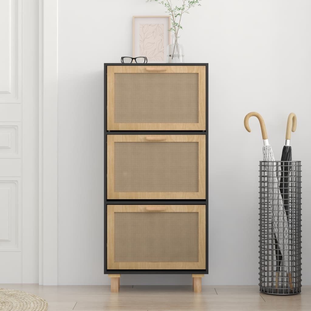 “2026 Modern“ Schuhschrank Schwarz 52x25x115cm Holzwerkstoff & Rattan Natur - Designermöbel 481119 - Schuhregale