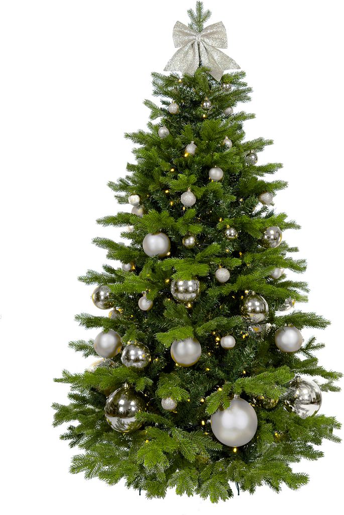 Dekorierter künstlicher Weihnachtsbaum mit 73 Ornamenten SILVER CHRISTMAS II 210 cm Baum mit Ständer und Christbaumschmuck