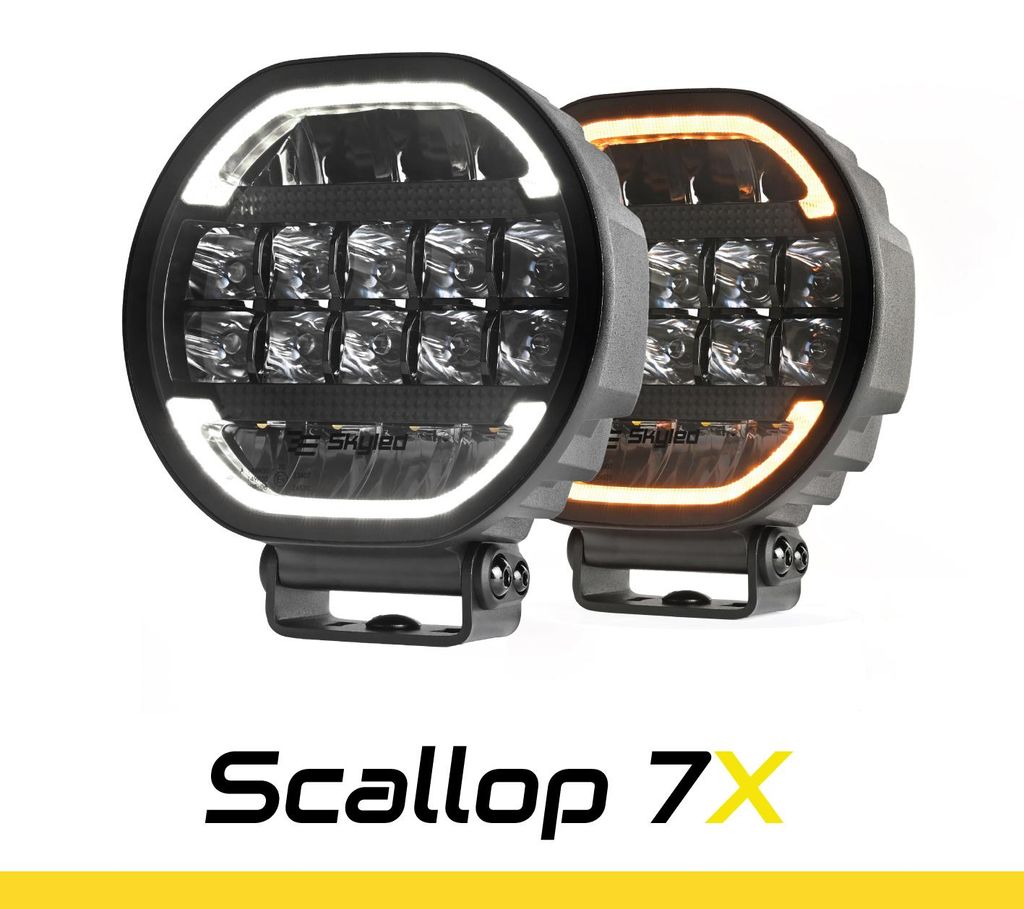 SKYLED SCALLOP 7X LED Fernscheinwerfer rund 7 Zoll FI178 Tuning Zusatzscheinwerfer mit dynamischem Positionslicht weiß/orange, 90W Driving Beam, 4...
