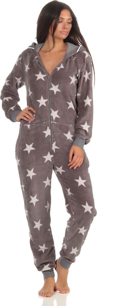 Toller Damen Schlafanzug Einteiler Jumpsuit Overall - Sterneoptik - 291 267 97 961 ; grau , 48