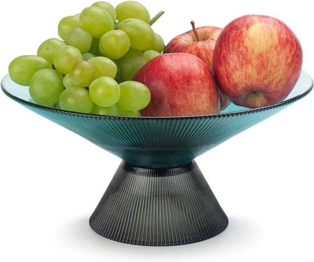 Corbeille à fruits en verre turquoise sur socle anti-basculement