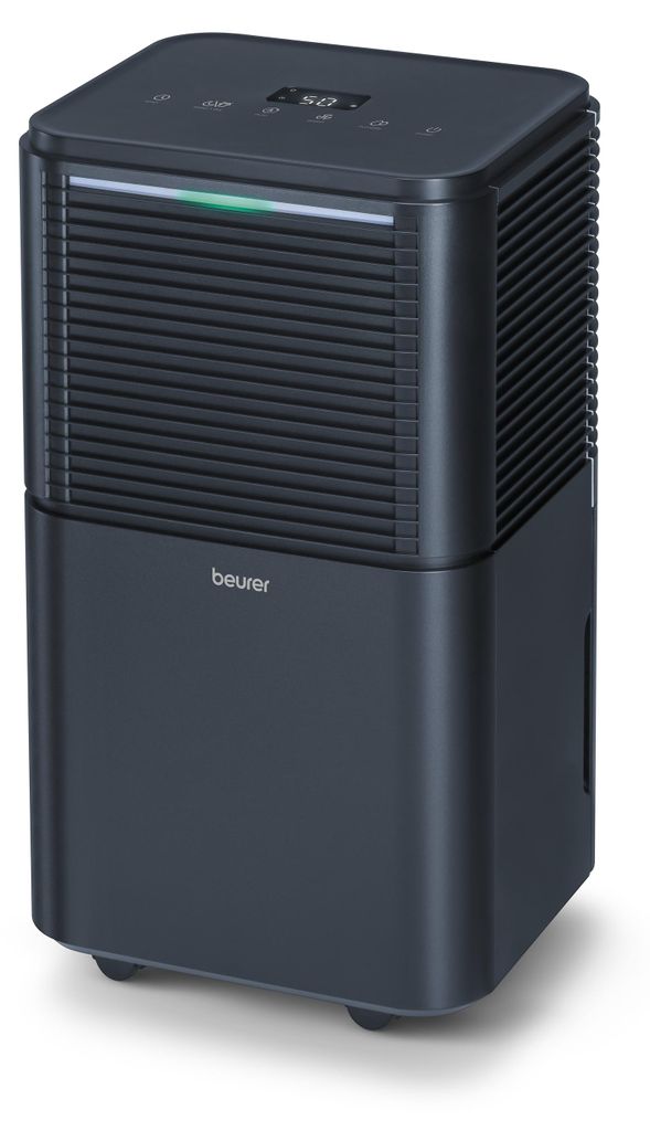 A dark gray dehumidifier is shown from a three-quarter front angle against a white background.