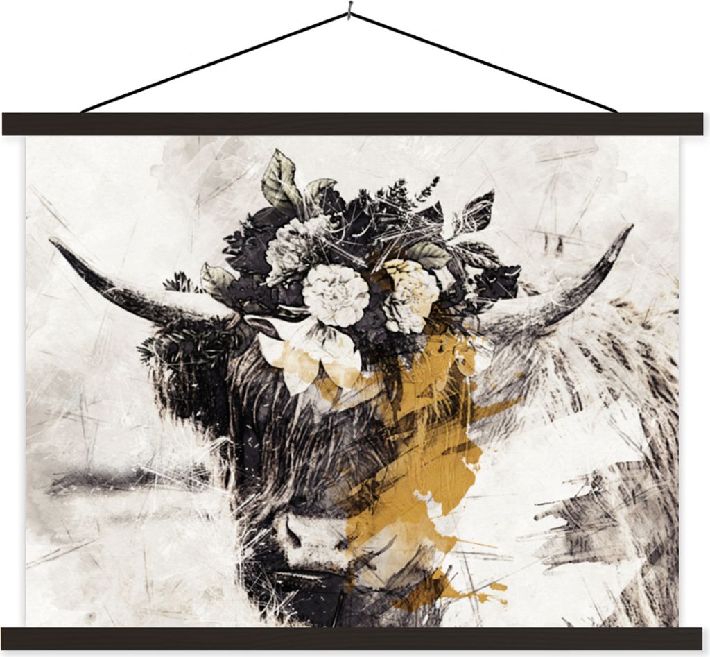 MuchoWow Textilposter Scottish Hochlandrind - Farbe - Schwarz und Gold 150x113 cm mit schwarzem Rahmen - Wohnzimmer