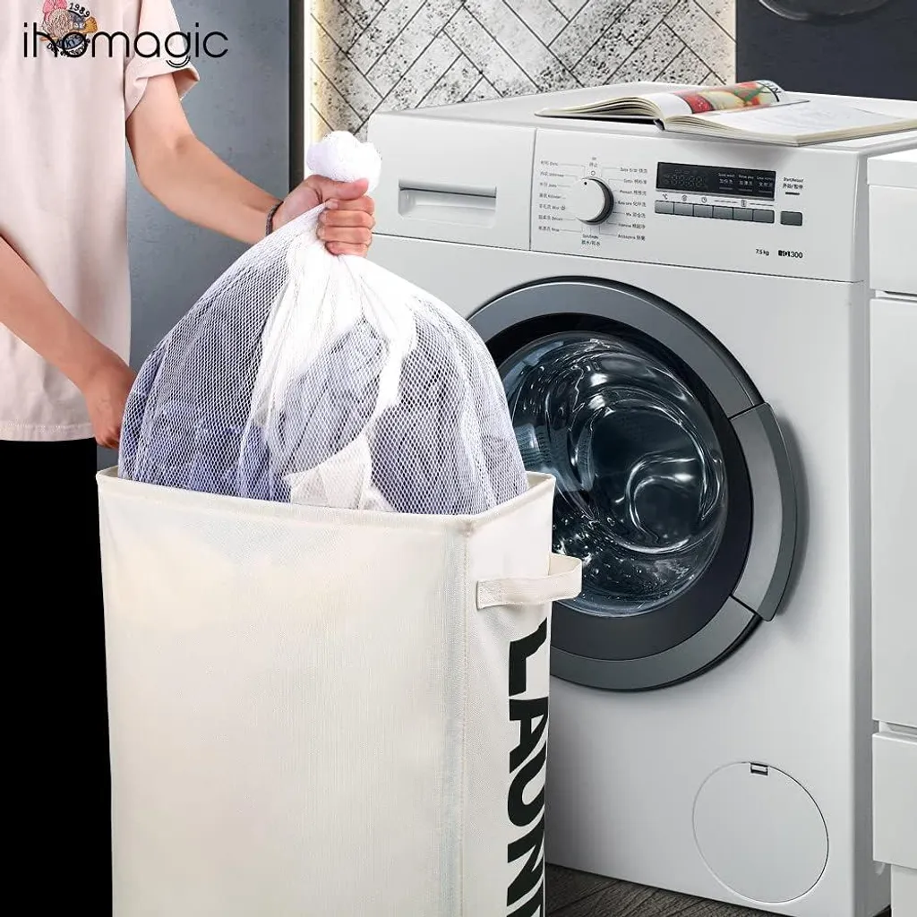 Panier à linge gain de place 62 litres pliable à roulettes beige