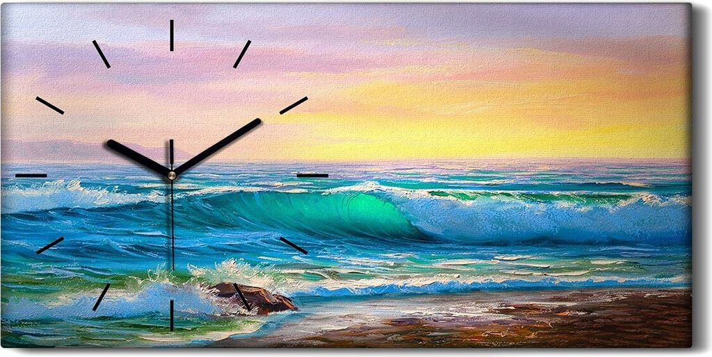 Wohnzimmer-Bild Leinwand Uhr 60x30 Ufer Wellen Meer Sonnenaufgang Malerei - schwarze Hände