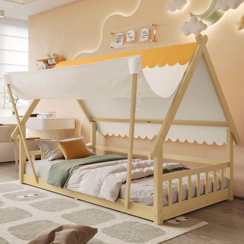 Lit cabane enfant 90x200 cm en bois massif naturel avec sommier à lattes