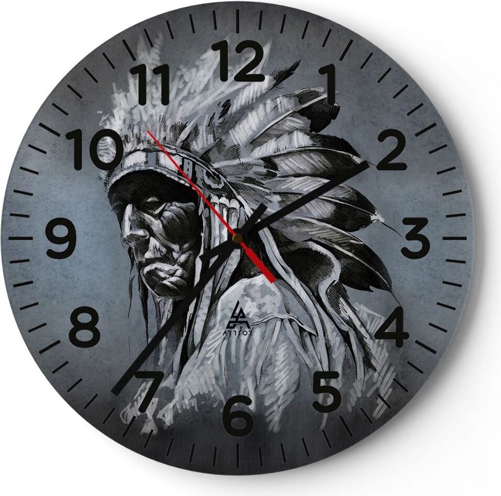 Wanduhr - Rund - Glasuhr - Inder Feder Mann - 40x40cm - Schleichendes Uhrwerk - Lautlos - zum Aufhängen bereit - Dekoration Modern - Wanddekoratio...