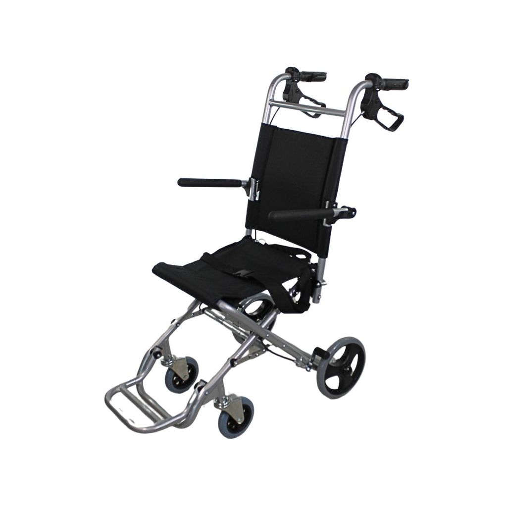 A product shot of a foldable wheelchair.