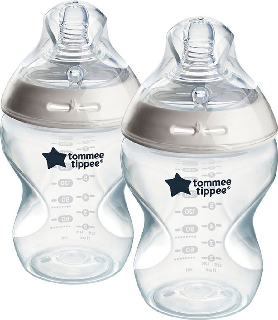 Two clear baby bottles with gray collars and clear nipples are shown against a white background.