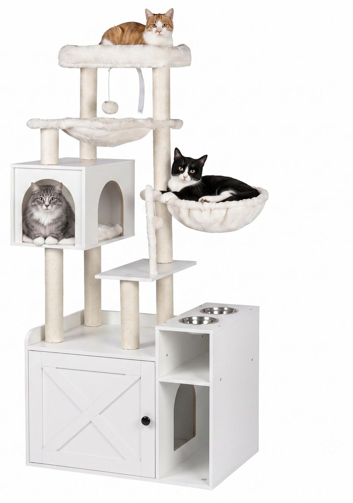 Relaxdays Kratzbaum mit Katzenkloschrank & Futterstation, Produktbild 