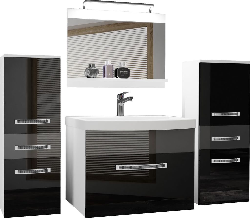 BELINI Badmöbel Vollausstattung Set Waschbeckenschrank, 2x kleiner Schrank, Waschbecken, Spiegel, Lampe (Schwarz/ Silber, Glänzend)