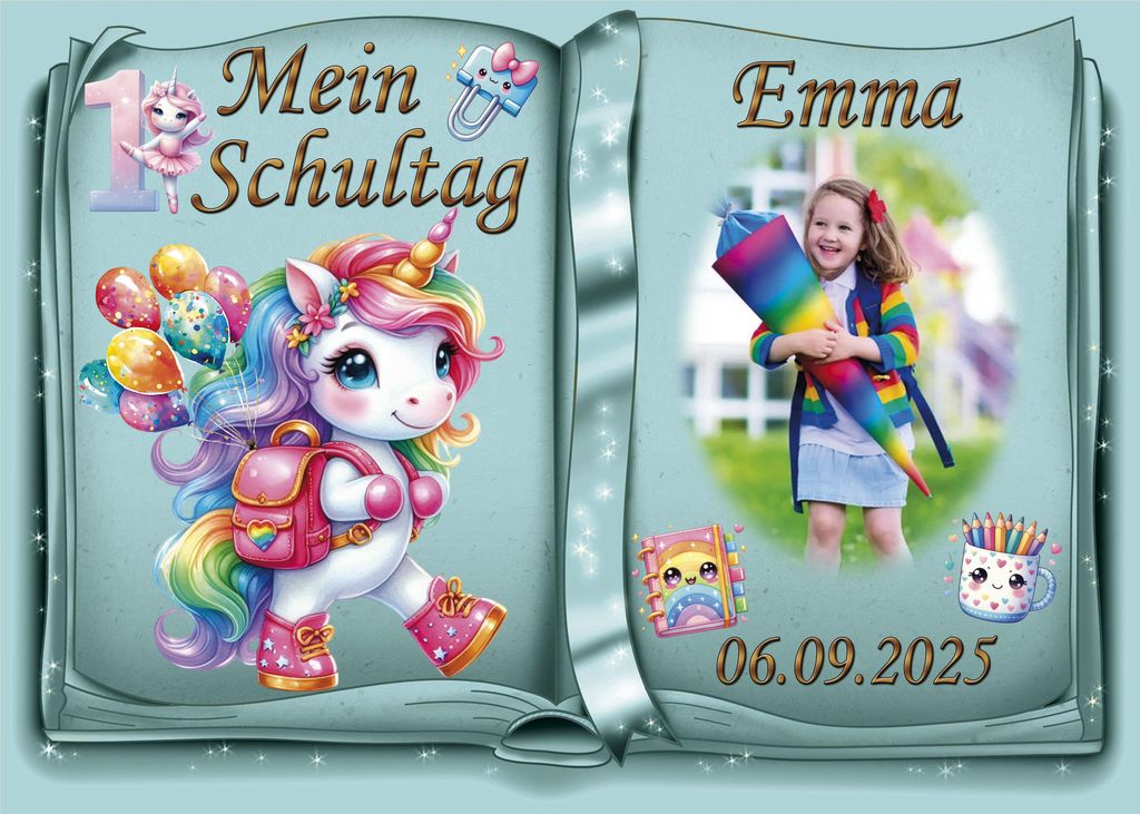 Tortenaufleger Tortendeko Fototorte Tortenbild Einhorn Regenbogen Einschulung Schulanfang 1. Schultag Schuleinführung SE07 (Zuckerpapier) DIN A4 m...
