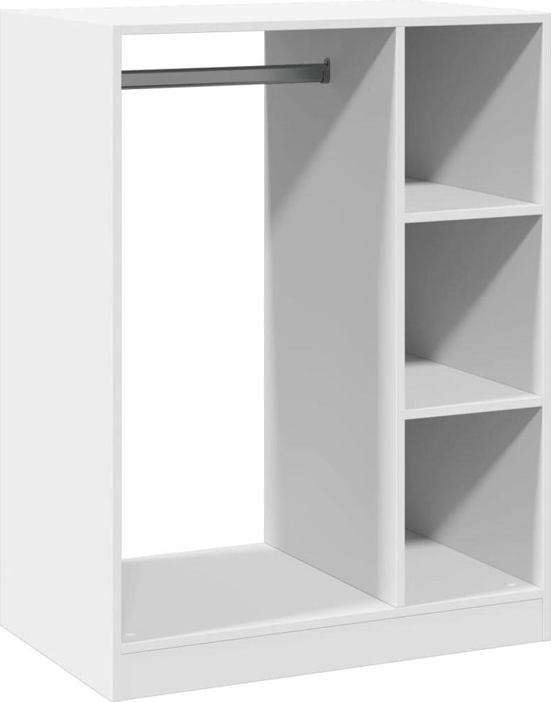 A white wardrobe with a hanging rail and shelves.