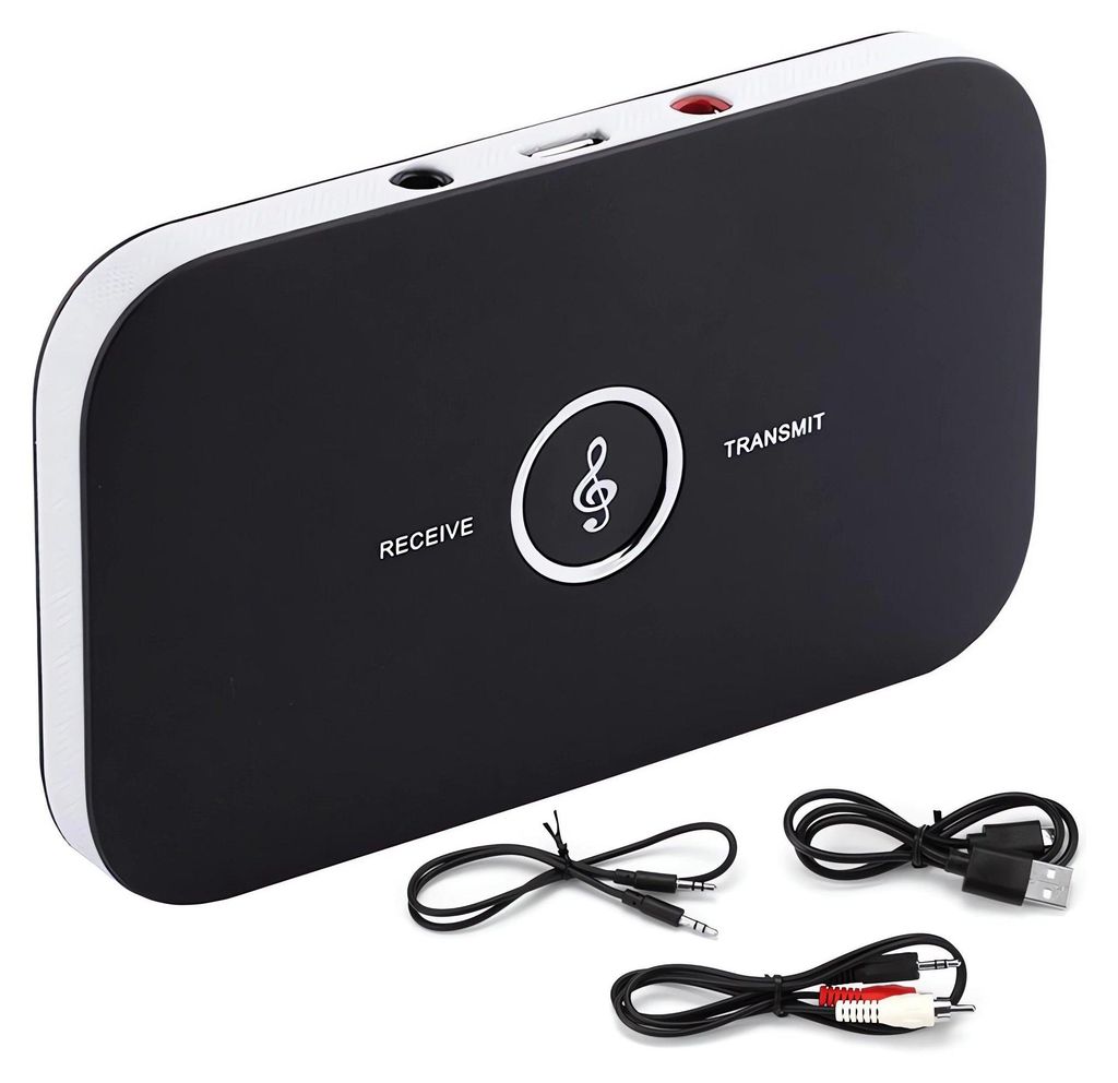 A black Bluetooth transmitter/receiver adapter with cables on a white background.