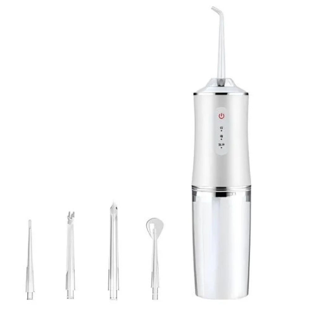 A white and clear portable wireless water flosser with multiple attachments is displayed against a white background.