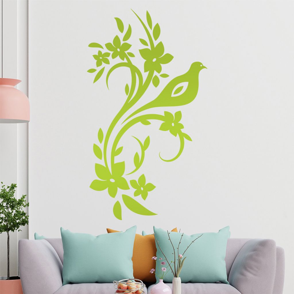 Vogel Ranke Blüte Wandtattoo in 6 Größen - Wandaufkleber Wall Sticker - Dekoration, Küche, Wohnzimmer, Schlafzimmer, Badezimmer