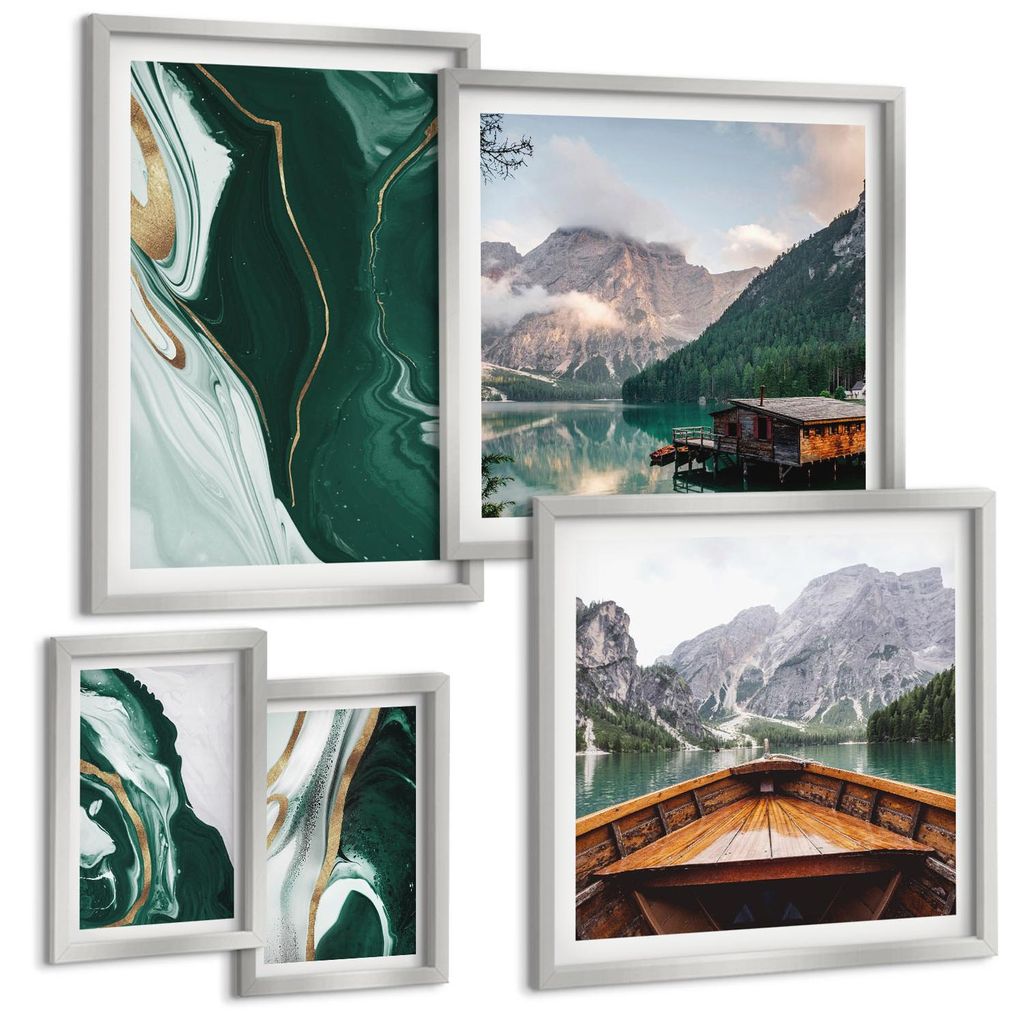Bilder Set 5-teilig im silbergerahmten Rahmen – Wandbilder 5 Stück – gerahmte Poster für Wohnzimmer, Schlafzimmer und Flur – 50x50 cm - 40x...