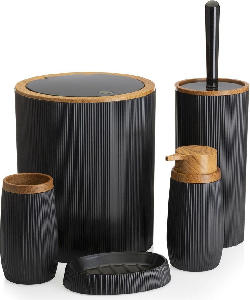 HowHomely Badezimmer set, 5-teilig Badzubehör Seifenspender, WC Bürste, Seifenschale, Abfalleimer und Zahnputzbecher Schwarz