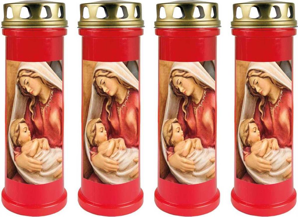 Grabkerze Rot 4er Pack, Brenndauer: 100 Stunden ( je Kerze ), Motiv: Maria mit Kind