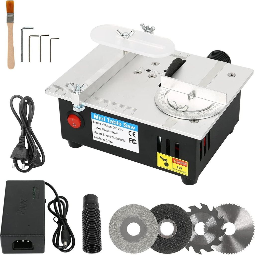 A mini table saw and its accessories are displayed on a white background.