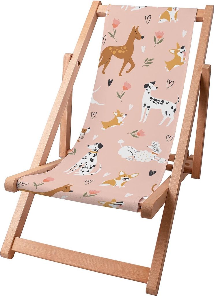 A pink deck chair with a cartoon dog pattern.