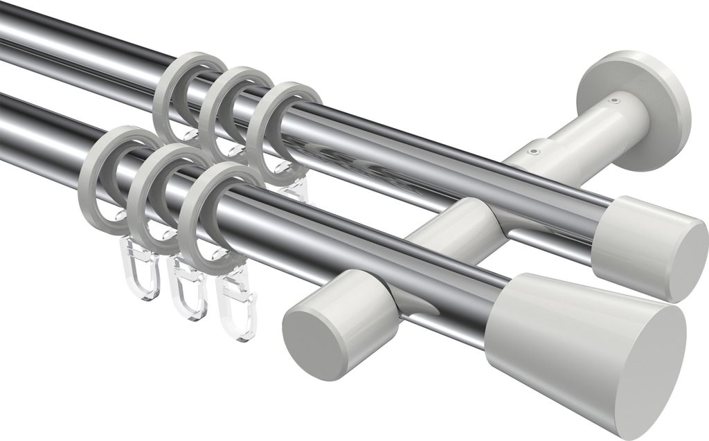 Interdeco Gardinenstange / Vorhangstange Chrom / Weiß, Typ Prestige Sitra (Konus), 20 mm Ø 2-läufig, 600 cm