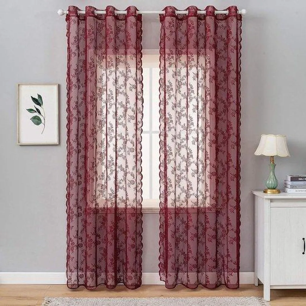 Rideaux Vintage en Polyester Semi-Transparents Rouges 150x245cm Lot de 2