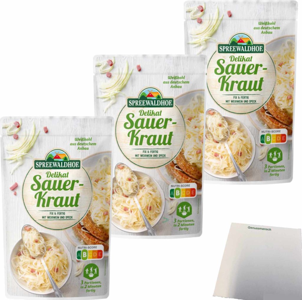 Spreewaldhof Delikat Sauerkraut mit Speck 3er Pack (3x400g Packung) + usy Block