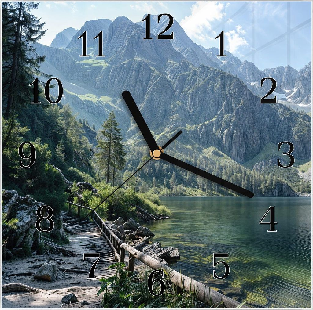 Wanduhr aus Glas mit Motiv Berglandschaft See- 30 x 30 cm - inkl. Aufhängesystem
