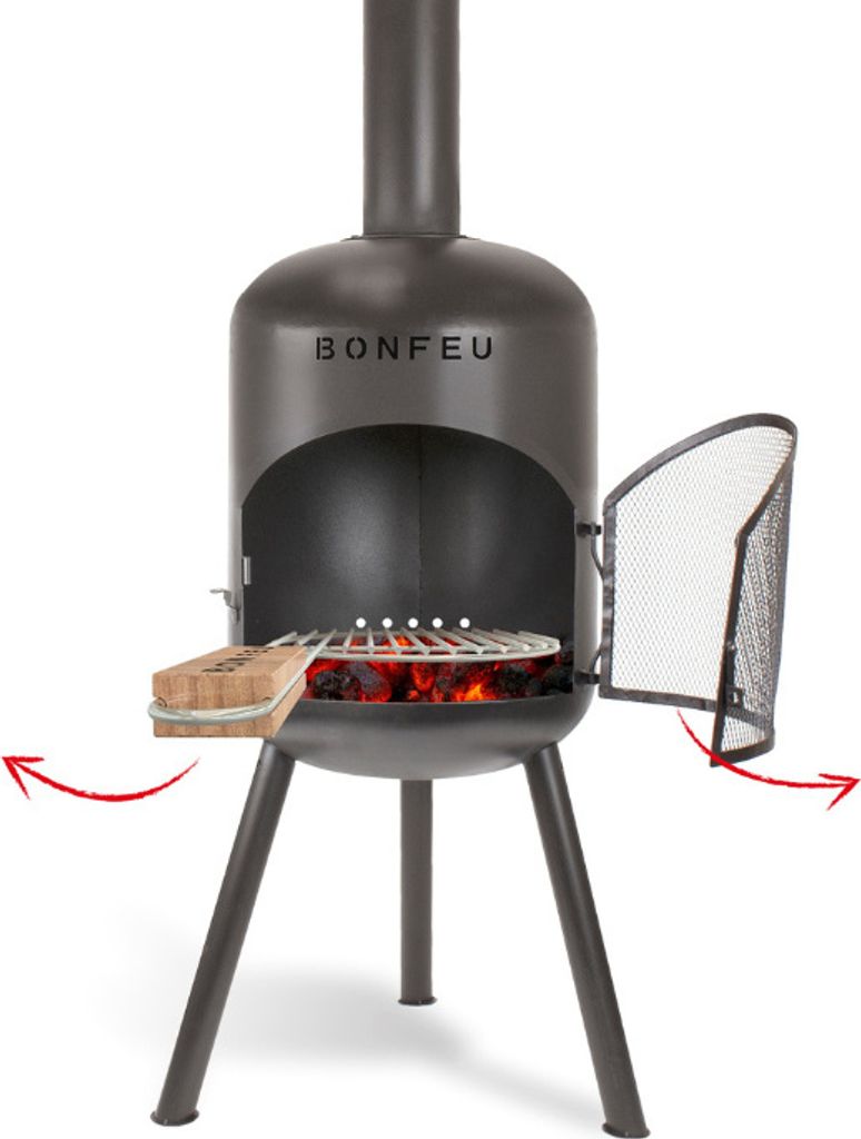 BonFeu BonBono Schwarz - Terrassenofen - Feuerstelle mit Funkenschutz für entspannte Abende - Feuersäule Outdoor - Terrassenkamin mit Grillrost ...