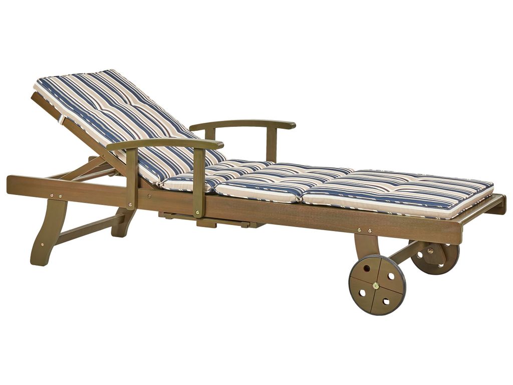 BELIANI Gartenliege Dunkelbraun und Blau-Beige Akazienholz mit Auflage Verstellbarem Kopf- und Fußteil Rollbar Modern Terrasse Garten Balkon Möbel