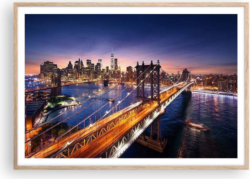 Gerahmtes Poster - Rahmen in heller Eiche - Usa amerika new york manhattan - 100x70 cm - Wand Bild - Wanddeko - Wandbilder - Wandposter - Bilderrah...
