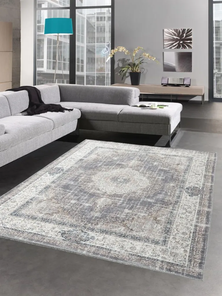 Tapis de salon anti-taches gris crème 140x200 cm décor fleurs élégant