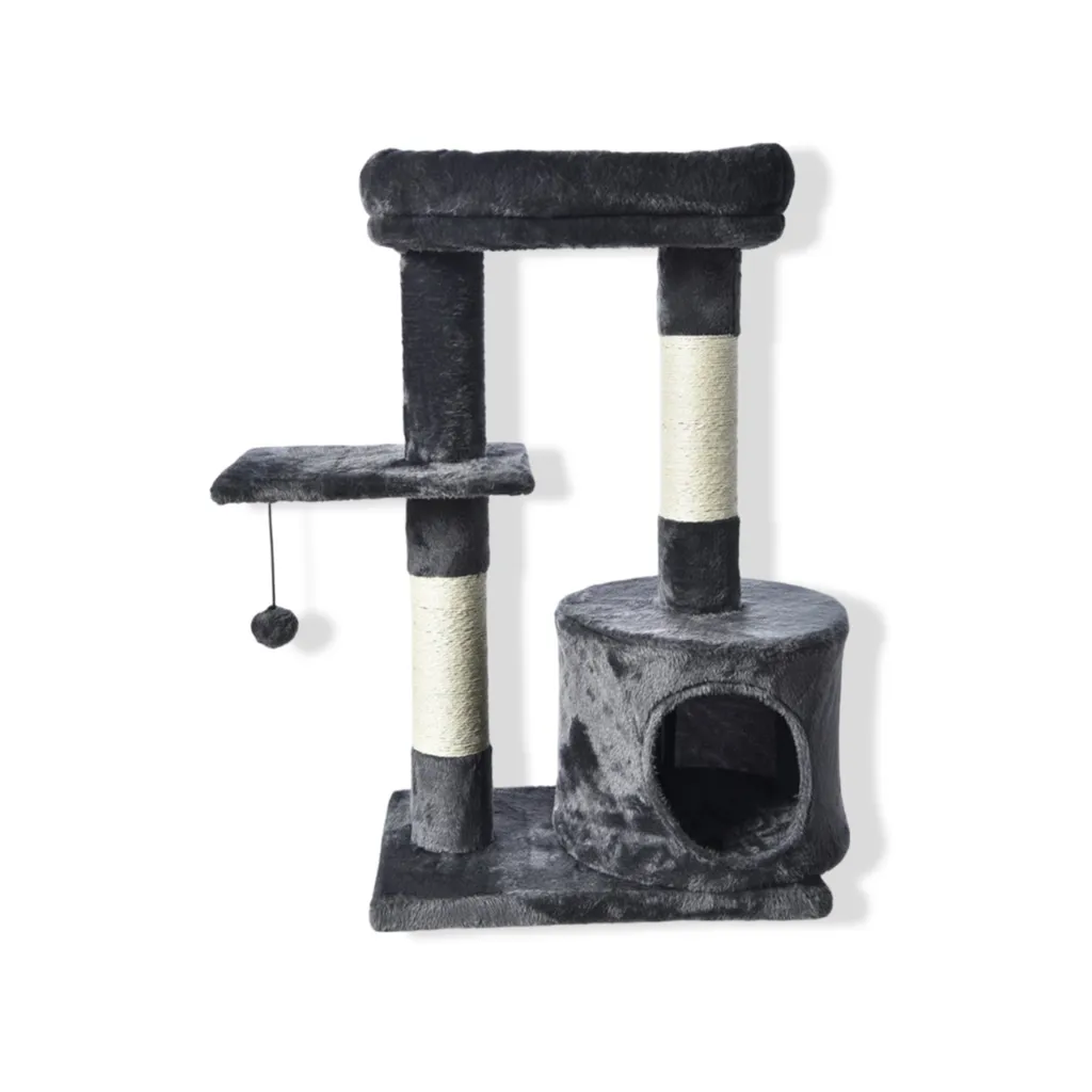 Arbre à chat gris anti-griffures avec niche de repos et lit 75 cm